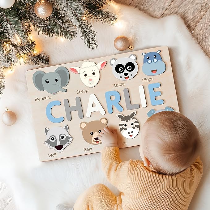 Baby Custom Name Puzzle with Animals, Custom Handmade Birthday Gift for Kids, for Toddlers, Special New Baby Gift, Wood Puzzle