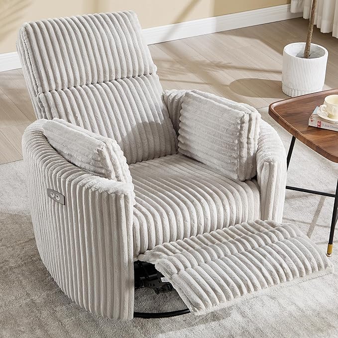 Recliner Swivel Glider Electric Rocking Chair with USB Living Room Bedroom Upholstered Highback Nursery Adult Power Recliner Rocking Chair with 2 Pillows(LIGHTGREY Corduroy, Power-Driven)