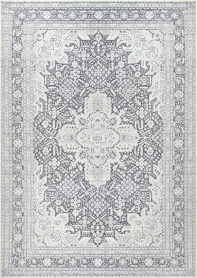 Bloom Rugs Washable Non-Slip 8' x 10' Rug - Charcoal Blue Traditional Medallion Area Rug for Living Room, Bedroom, Dining Room, and Kitchen - Exact Size: 8' x 10'