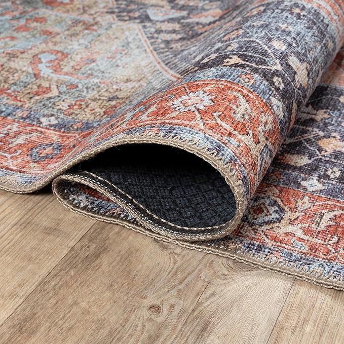 Bloom Rugs Washable Non-Slip 6' x 9' Rug - Terracotta/Blue Traditional Medallion Area Rug for Living Room, Bedroom, Dining Room, and Kitchen - Exact Size: 6' x 9'
