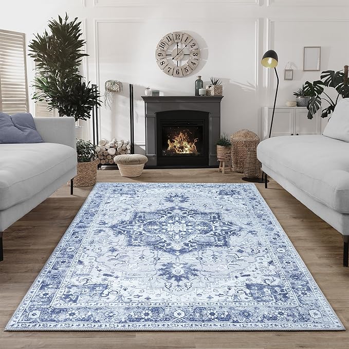 Bloom Rugs Washable Non-Slip 8' x 10' Rug - Gray/Blue Traditional Medallion Area Rug for Living Room, Bedroom, Dining Room, and Kitchen - Exact Size: 8' x 10'