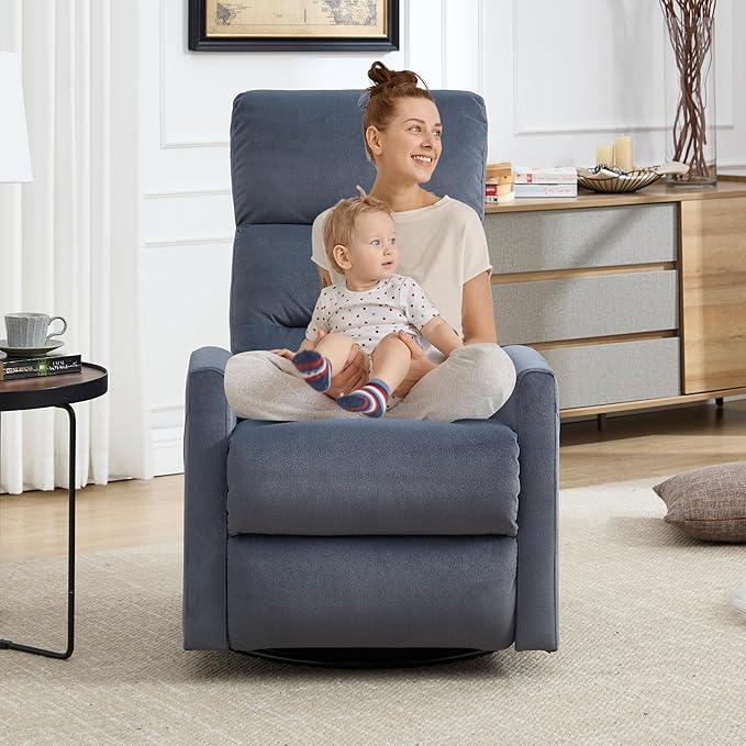 360° Swivel Rocking Chair for Nursery, Manual Glider Chair Nursing Chair with Side Pockets, Polyester Glider for Living Room, Heavy Duty Motion Mechanism, Blue Gray