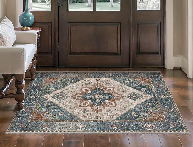 Ciicool Washable Vintage Area Rug, 2x3ft Small Boho Rug, Ultra Soft Rugs for Entryway, Non-Slip Entry Rugs Oriental Low-Pile Indoor Mat Floor Carpet for Entrance Bedroom Kitchen Bathroom Foyer Decor