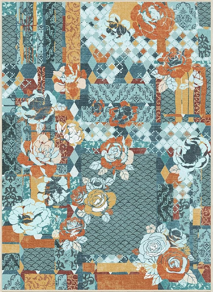 GENIMO 5X7 Floral Area Rugs for Living Room, Machine Washable Non Slip Vintage Patchwork Washable Rug, Ultra-Thin Low Pile Chenille Rugs for Bedroom, Dining Room, Navy Blue