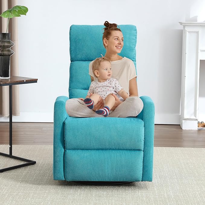 360° Swivel Rocking Chair for Nursery, Manual Glider Chair Nursing Chair with Side Pockets, Polyester Glider for Living Room, Heavy Duty Motion Mechanism, Blue