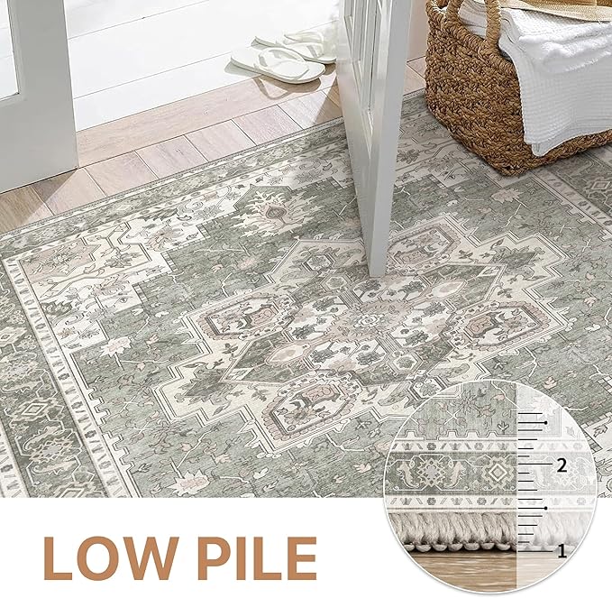 GENIMO 9x12 Area Rugs for Living Room, Non Slip Machine Washable Vintage Rugs, Low Pile Lightweight Chenille Print Large Rug for Bedroom, Dining Room, Home Office, Moonlight