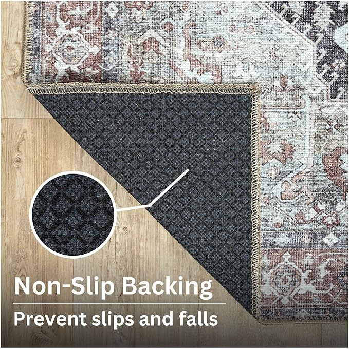 Bloom Rugs Washable Non-Slip 10 ft Runner - Charcoal/Brown Traditional Medallion Runner for Entryway, Hallway, Bathroom, and Kitchen - Exact Size: 2.5' x 10'