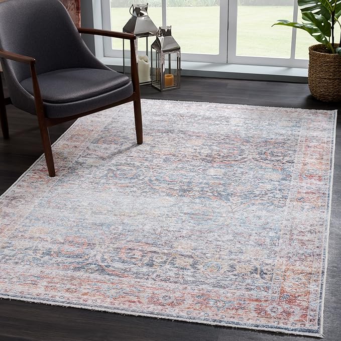 Bloom Rugs Caria Washable Non-Slip 8x10 Rug - Ocean Blue/Brick Traditional Area Rug for Living Room, Bedroom, Dining Room, and Kitchen - Exact Size: 7'8" x 10'