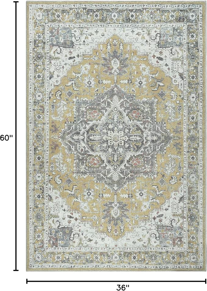 Bloom Rugs Washable Non-Slip 3' x 5' Rug - Yellow Traditional Medallion Area Rug for Living Room, Bedroom, Dining Room, and Kitchen - Exact Size: 3' x 5'