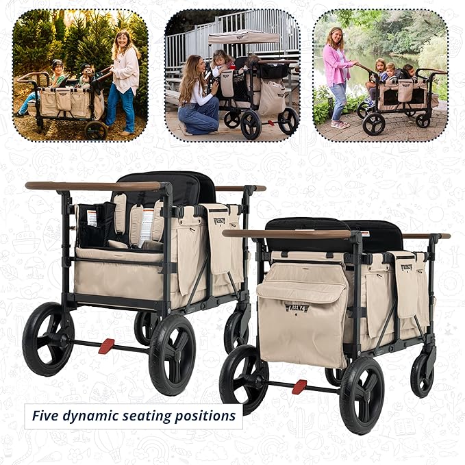 Keenz XC+ EVO- Luxury 4 Passenger Stroller Wagon for Kids | Foldable 4 Passenger Quad Seater with Adjustable Canopy | Mocha