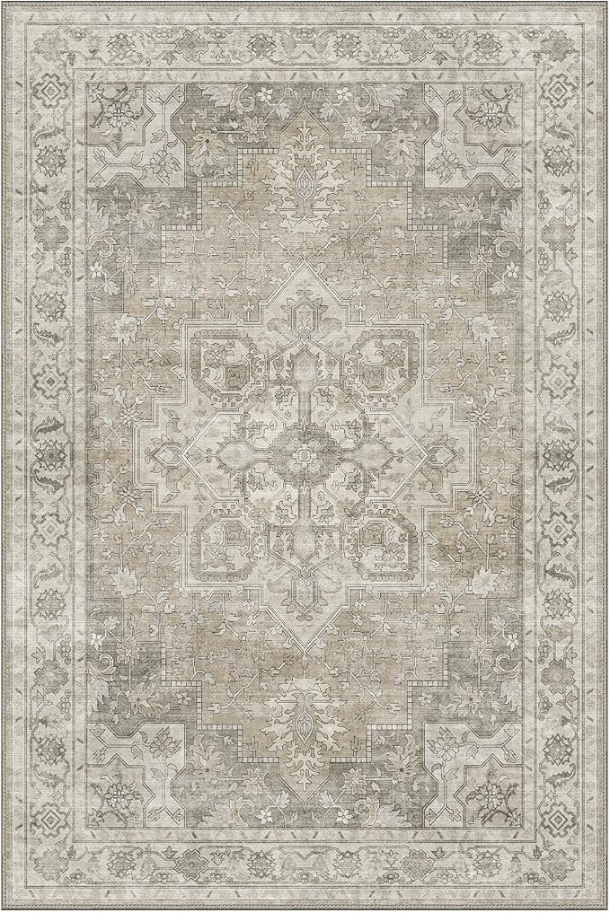 GENIMO 9x12 Area Rugs for Living Room, Non Slip Machine Washable Vintage Rugs, Low Pile Lightweight Chenille Print Large Rug for Bedroom, Dining Room, Home Office, Trench