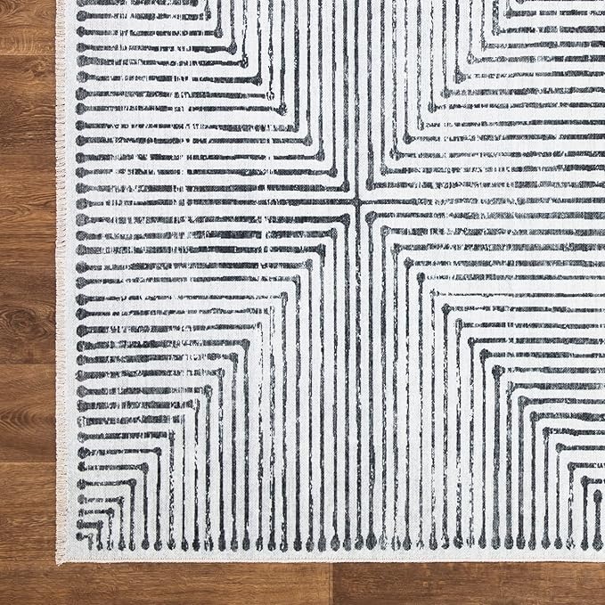 Bloom Rugs Caria Washable Non-Slip 10 ft Runner - Ivory/Black Striped Runner for Entryway, Hallway, Bathroom, and Kitchen - Exact Size: 2'6" x 10'