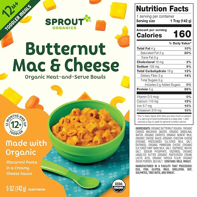 Sprout Organic Baby Food, Toddler Meals, Macaroni Pasta with Butternut Squash Cheese Sauce, 5 Oz Bowl (8 Count)