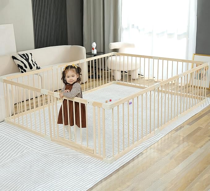 Baby Playpen Play Fence Gate Play Pen Wood Large,Playpens for Babies and Toddlers Kids Indoor,Baby Play Yards Gym