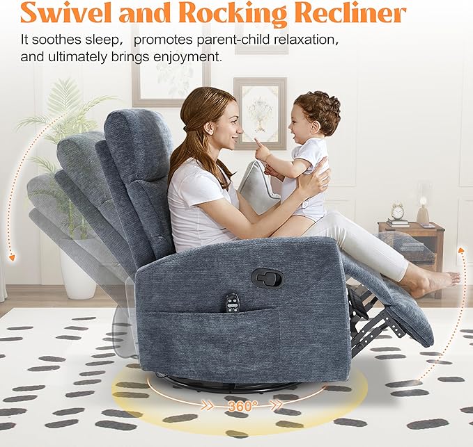 Manual Swivel Rocker Recliner Chair with Massage, Overstuffed Recliner Glider with Vibration Massage and Heat for Nursery, Living Room Reclining Sofa Chair, Fabric Blue