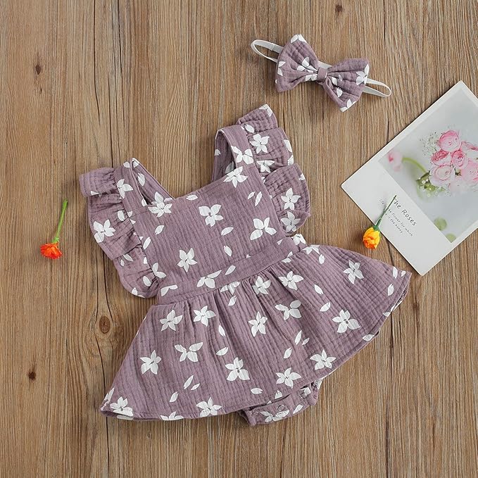 Baby Girls Floral Cotton Leotard Romper Newborn Daisy Playsuits Ruffled Sleeve Onesie Infant Jumpsuit Clothes Headband