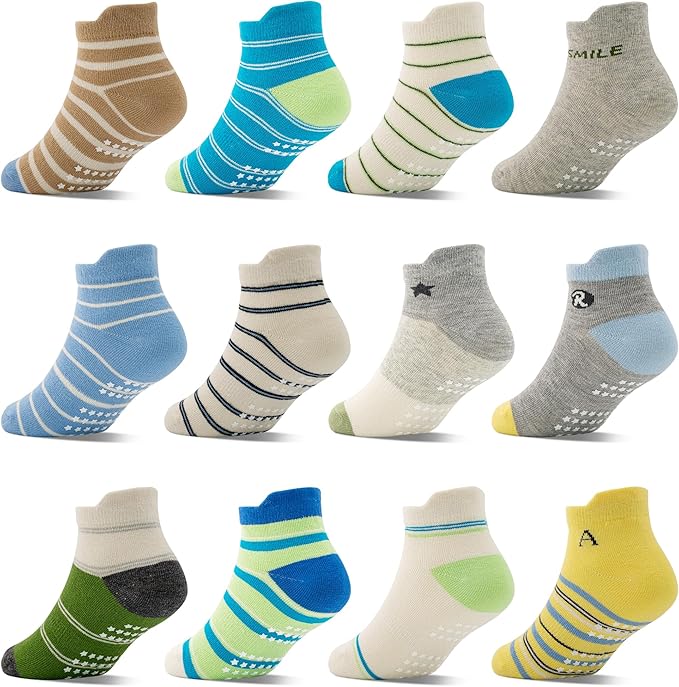 Tphon Toddler Baby Non Slip Ankle Socks with Grippers Kids Boys Girls Socks 12 Pairs for 0-7 Years Infant Children