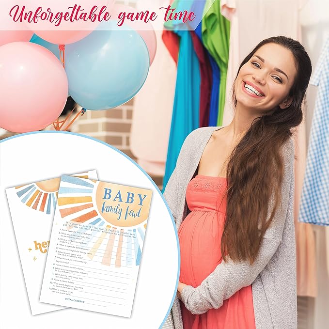 Baby Family Feud - Retro Sunshine Baby Shower Game Set - 30 Game Cards + 1 Answer Cards - Watercolor Sun Theme Baby Shower Game Kit, Gender Reveal, Baby Announcement Party Favor & Supplies - A05