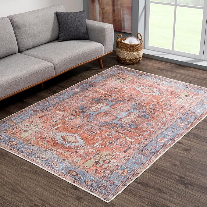 Bloom Rugs Washable 9' x 12' Rug - Terracotta/Blue Traditional Area Rug for Living Room, Bedroom, Dining Room, and Kitchen - Exact Size: 9' x 12'