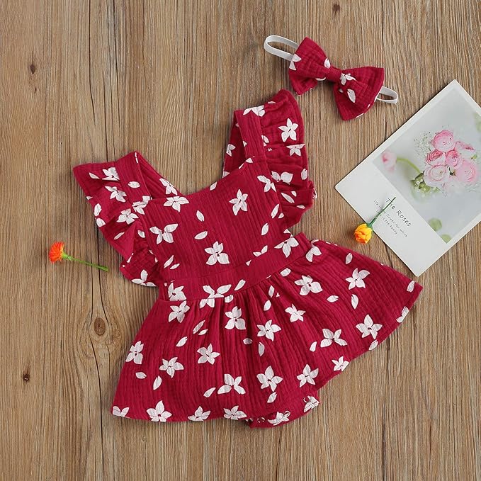 Baby Girls Floral Cotton Leotard Romper Newborn Daisy Playsuits Ruffled Sleeve Onesie Infant Jumpsuit Clothes Headband
