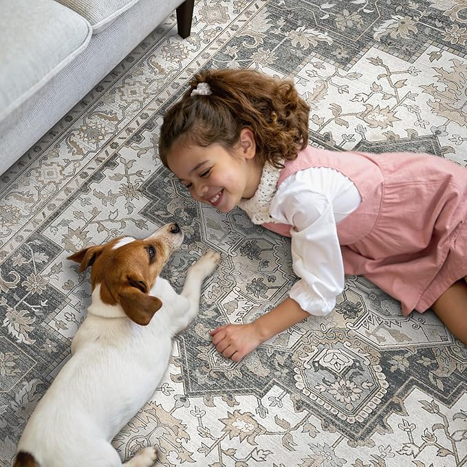 GENIMO 2x12 Runner Rugs for Hallway, Machine Washable Non Slip Vintage Rugs, Low Pile Lightweight Soft Print Rug for enrtyway, Corridor, Home Office, Kitchen, Heathered Grey