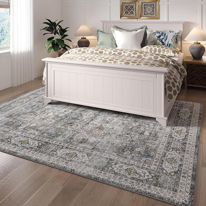 Living Room Rug 6x9 Rug Machine Washable Boho Soft Area Rug Non Slip Vintage Low Pile Large Rug for Living Room, Bedroom, Farmhouse, Dining Room, Kids Playroom(Grey)