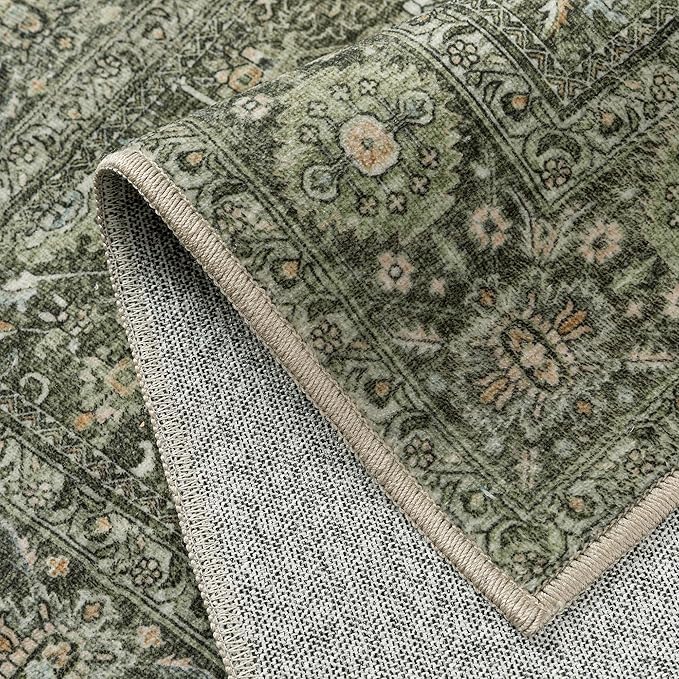 Vintage Area Rug 6x9 Green Washable Living Room Large Carpet Non Slip Bedroom Indoor Office Low Pile Traditional Distressed Retro Accent Rug for Dining Room Kitchen