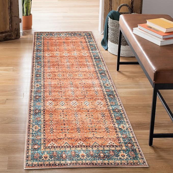 Bloom Rugs Washable Non-Slip 10 ft Runner - Orange/Teal Blue Traditional Bordered Runner for Entryway, Hallway, Bathroom, and Kitchen - Exact Size: 2.5' x 10'