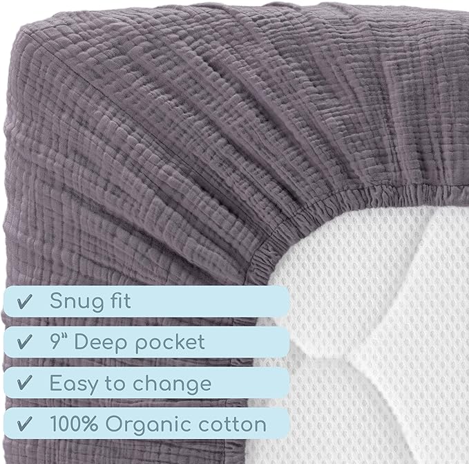 Muslin Crib Sheets, 100% Organic Cotton, Breathable and Ultra-Soft, Standard Crib Sheet Mattress (28"x 52") for Girls and Boys, Neutral Fitted Baby Crib Sheet (Dark Grey)