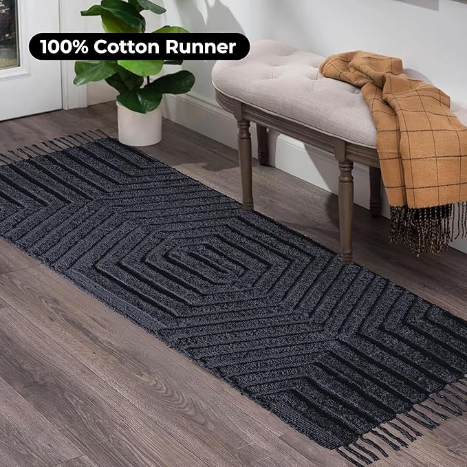 Boho Bathroom Rug 2' x 6', Washable Hand-Woven Tufted Cotton with Tassels, Farmhouse Kitchen Mat for Foyer, Bedroom, Back Door Décor - Dark Grey