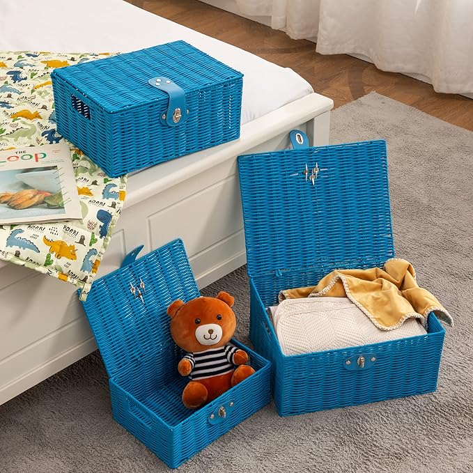 Set of 3 Woven Wicker Storage Basket Box with Lid & Lock, Built-in Carry Handles, Multifunctional Storage Organiser for Nursery, Baby, Clothes, Toys, Books, Large/Medium/Small Size (Sky Blue)