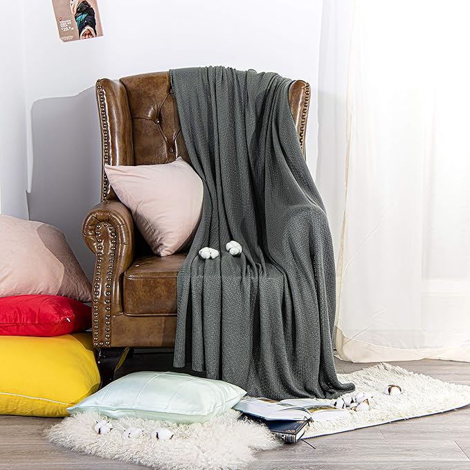 NTBAY Cable Knit Cooling Throw Blanket, Soft and Breathable Throw Blanket 51x67 Inches Made from Rayon Derived from Bamboo for Couch, Sofa, Nap, Dark Grey