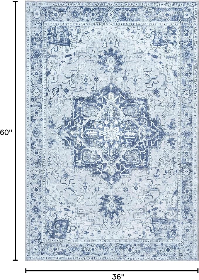Bloom Rugs Washable Non-Slip 3' x 5' Rug - Gray/Blue Traditional Medallion Area Rug for Living Room, Bedroom, Dining Room, and Kitchen - Exact Size: 3' x 5'
