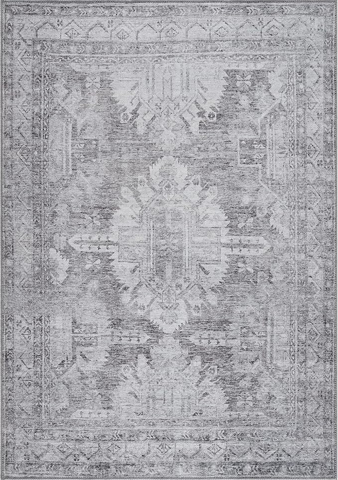 Bloom Rugs Washable 4' x 6' Rug - Ivory/Silver Gray Traditional Area Rug for Living Room, Bedroom, Dining Room, and Kitchen - Exact Size: 4' x 6'