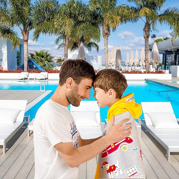 VOOVA & MOVAS Kids Bath Towels for Boys, Ages 3-10, 30''X50, | Soft Thick Absorbent Cotton, Beach | Pool | Bath Hooded Towels, Yellow Fire Truck