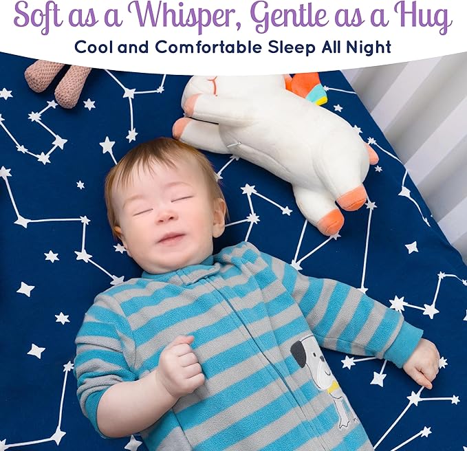 Fitted Unisex Crib Sheets (3 Pack) by GROW WILD - Jersey Knit Cotton Crib Sheets for Boys or Girls, 52β x 28β x 9β Crib Bedding Set (Moon, Stars and Constellation)