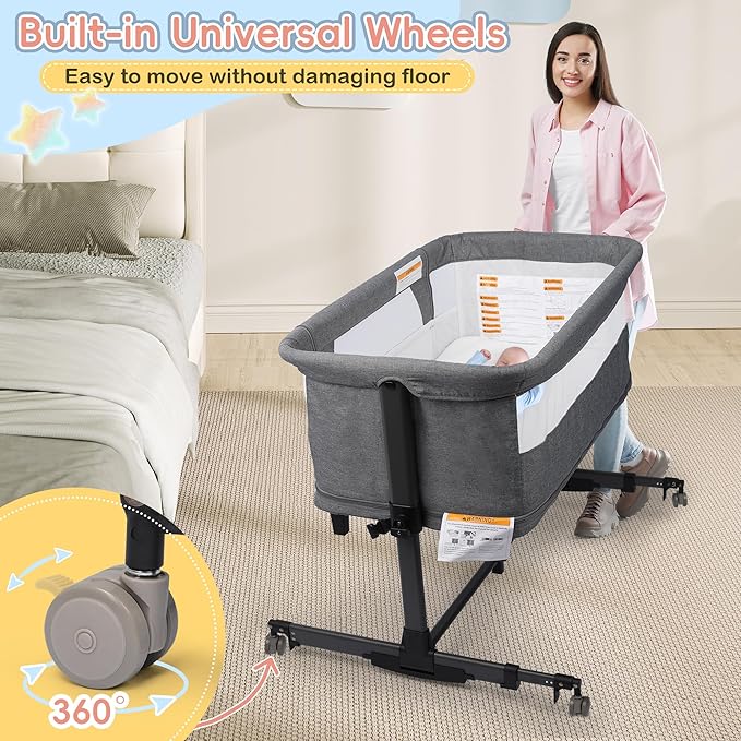 Xilingol 5 in 1 Baby Bassinet Bedside Sleeper, Portable Pack and Play with Carrying Bag, Playpen and Rocking Cradle, Easy Folding Crib for Newborn Baby, Grey