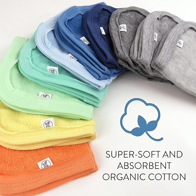 HonestBaby 10-Pack Terry Wash Cloths in Gift Box 100% Organic Cotton for Infant Baby Boys, Girls, 10-Pack Rainbow Blues, One Size