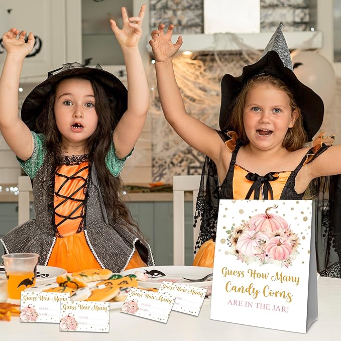 Thanksgiving How Many Candy Corns Are In The Jar - 1 Standing Sign & 50 Guessing Cards - Autumn Pumpkin Party Game & Decoration For Boys, Girls, Adults - Baby Shower, Birthday Game Set - A02
