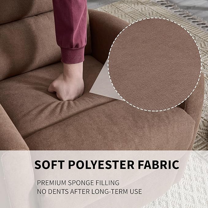 360° Swivel Rocking Chair for Nursery, Manual Glider Chair Nursing Chair with Side Pockets, Polyester Glider for Living Room, Heavy Duty Motion Mechanism, Brown
