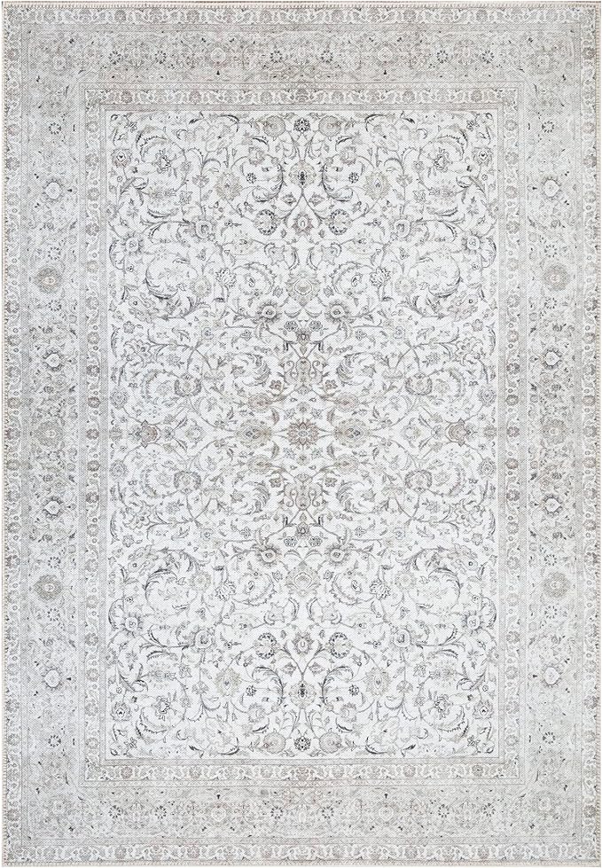 Bloom Rugs Washable Non-Slip 6' x 9' Rug - Beige/Off White Traditional Bordered Area Rug for Living Room, Bedroom, Dining Room, and Kitchen - Exact Size: 6' x 9'