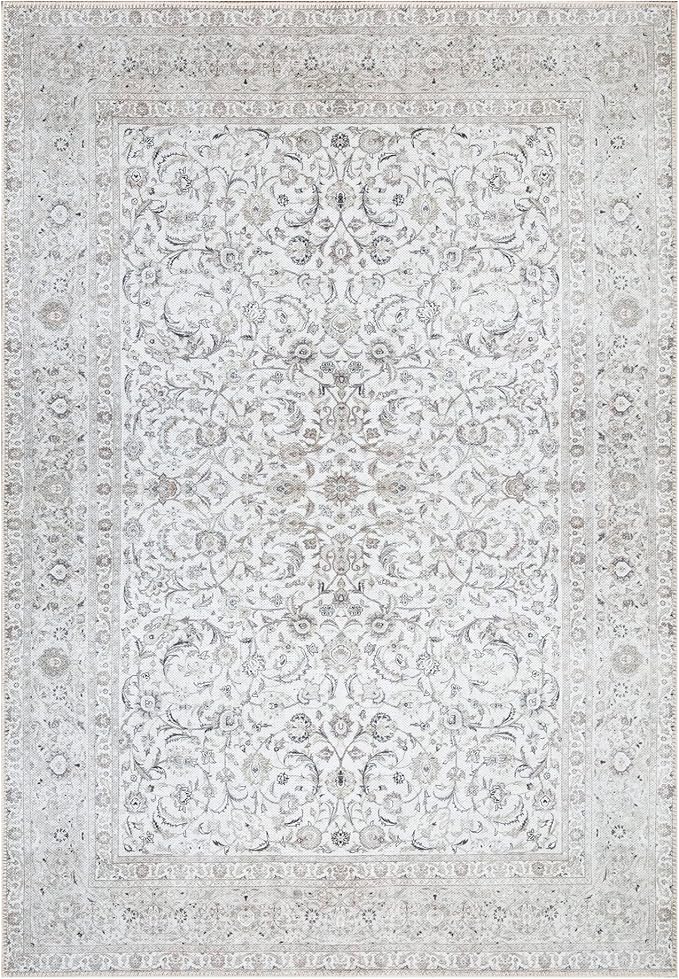 Bloom Rugs Washable Non-Slip 4' x 6' Rug - Beige/Off White Traditional Bordered Area Rug for Living Room, Bedroom, Dining Room, and Kitchen - Exact Size: 4' x 6'