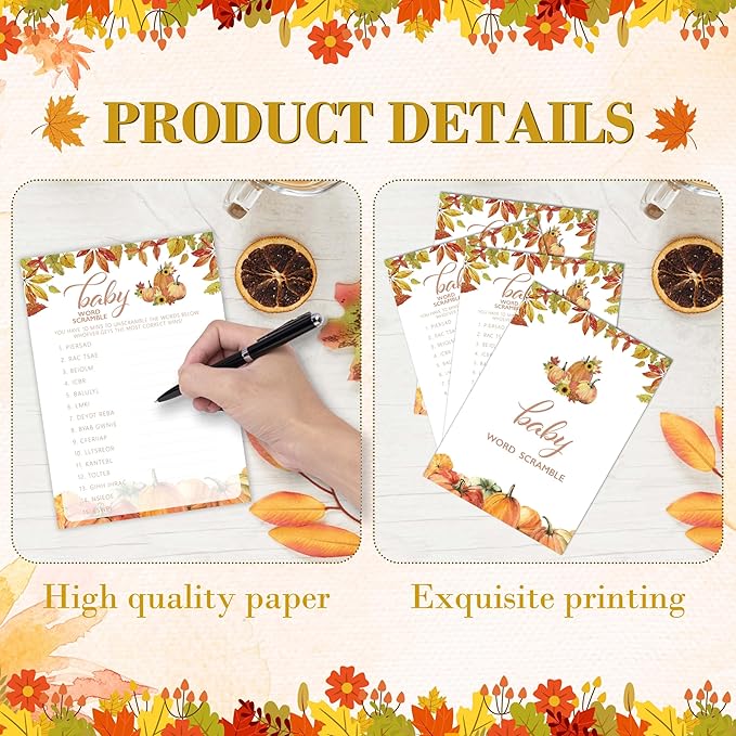 Fall Baby Shower Games, Baby Word Scramble Cards, 5x7 in, Thanksgiving Baby Shower Party Favor Decorations Supplies - A07