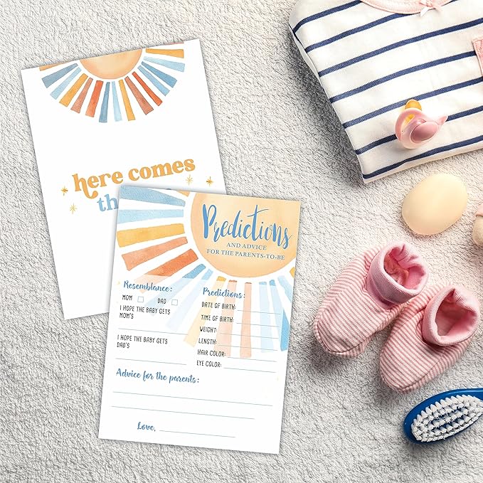 Retro Sunshine Baby Shower Baby Predictions & Advice Game Set - Watercolor Sun Theme Baby Shower Game Kit, Gender Reveal, Baby Announcement Party Favor & Supplies - A01
