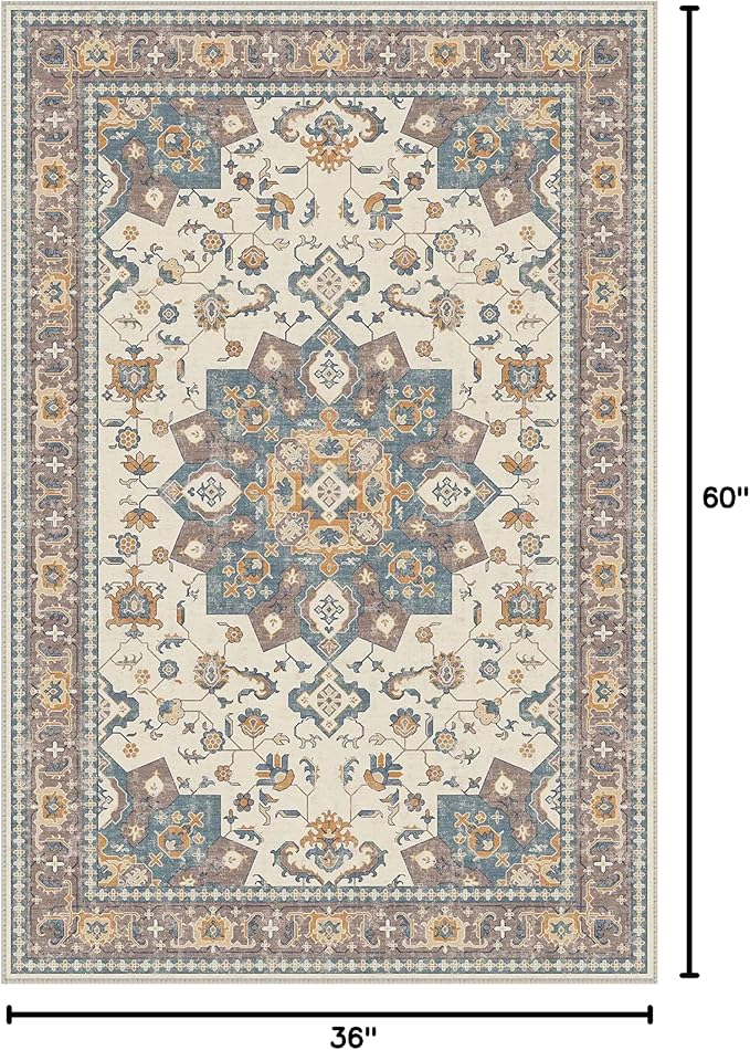 Dripex Vintage Washable Area Rug - 3x5 Entryway Rug for Indoor Door Mat Low-Pile Non-Slip Bedside Rug Bedroom Oriental Medallion Floral Print Carpet Soft Accent Rug Farmhouse Office Home Decor