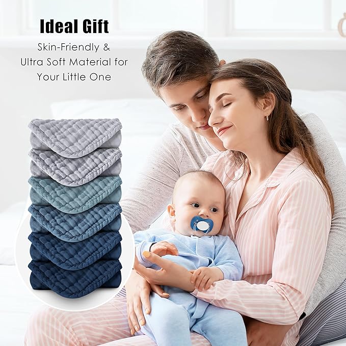 MOON PARK Baby Washcloths, 12 Pack - 12x12 Inches, Small Burp Cloths and Baby Wipes - 100% Cotton Muslin Ultra Soft for Newborn, Infant and Toddlers - Slate, Grey and Navy Series