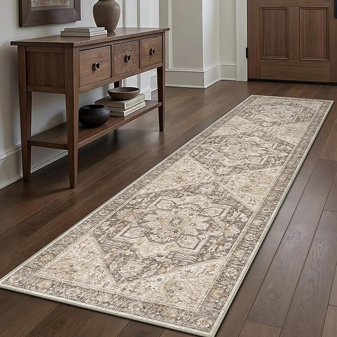 Taupe Brown Hallway Runner Rug 3x7 Vintage Washable Distressed Area Carpet Kitchen Indoor Non Slip Long Traditional Medallion Retro Accent Throw Rug for Bedroom Laundry Dining Living Room