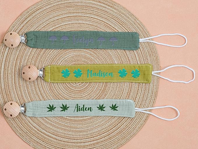 Custom Boho Pacifier Clip Holder with Embroidered Name – A Perfect Personalized Baby Baptism Gifts in Eco-Friendly Bamboo! (Grass Green)
