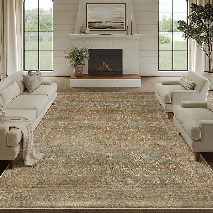 Vintage Area Rug 8x10 Washable Brown Living Room Carpet Large Indoor Non Slip Bedroom Low Pile Kitchen Distressed Retro Accent Throw Rug for Dining Room
