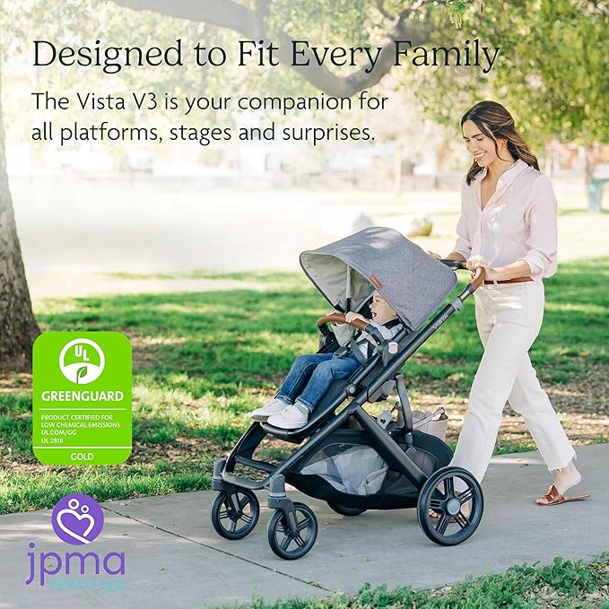 UPPAbaby Vista V3 Stroller - Full-Size Single-To-Double Stroller System - Toddler Seat, Bug Shield, Rain Shield, and Storage Bag Included - Savannah (Pearl Gray Jacquard/Carbon Frame/Chestnut Leather)
